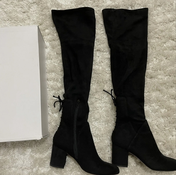 ALDO Adessi Over Knee Thigh High Block Heel Bow Tie Zip Black Suede Boots 8.5/39 - Picture 2 of 13